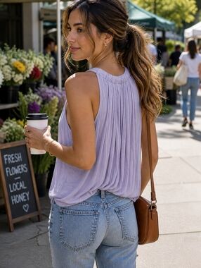 Ella Moss Lavender V-Neck Tank Top – Flowy Soft Draped Pleated Back Size S